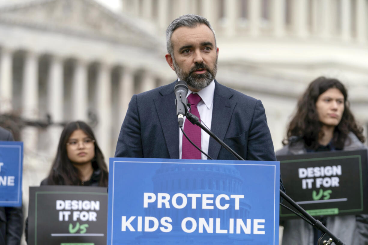 FILE - New Mexico Attorney General Ra&uacute;l Torrez speaks during a rally to protect kids online on Capitol Hill in Washington, Wednesday, Jan. 31, 2024.