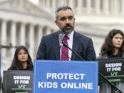 FILE - New Mexico Attorney General Ra&uacute;l Torrez speaks during a rally to protect kids online on Capitol Hill in Washington, Wednesday, Jan. 31, 2024.