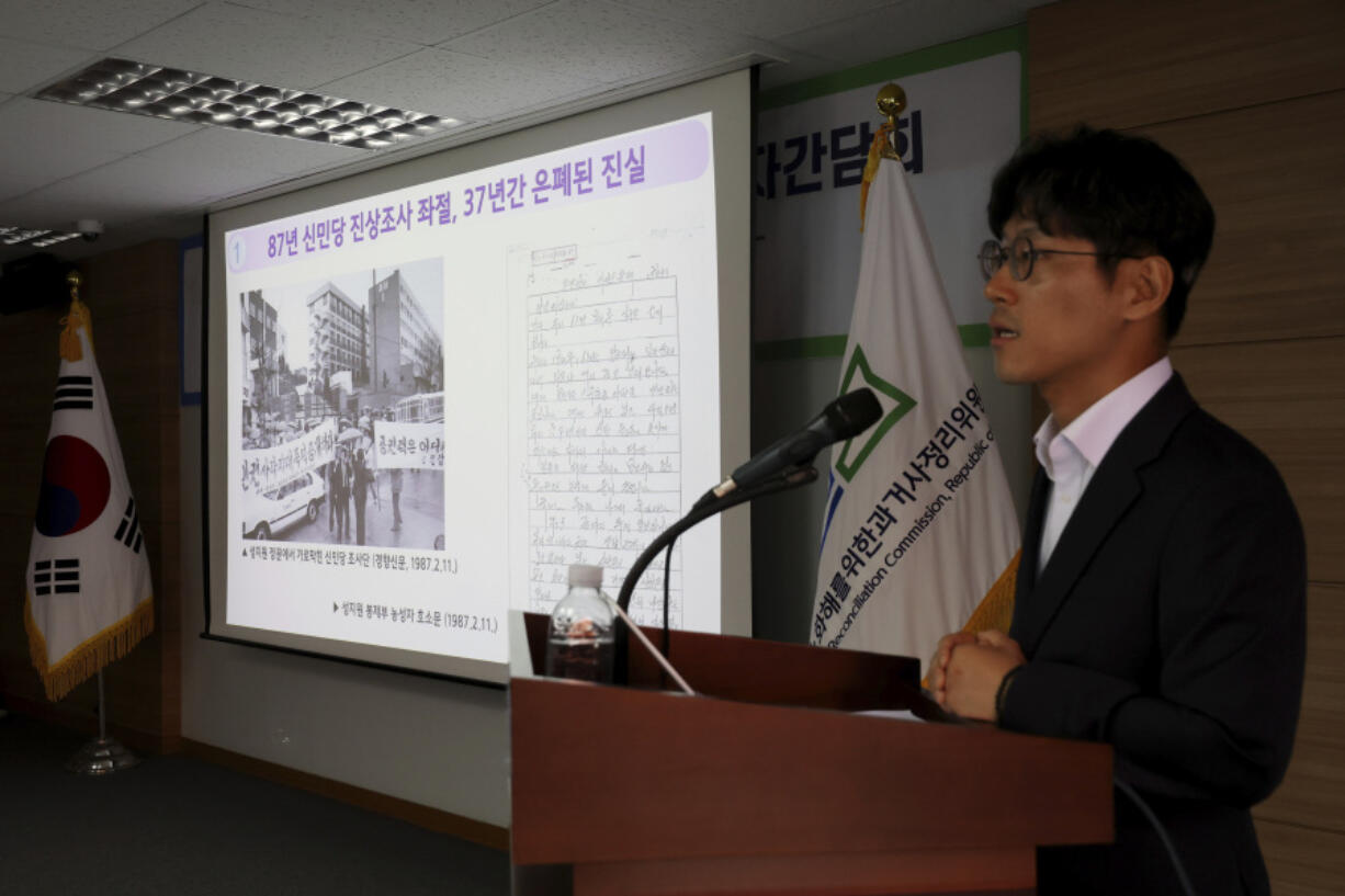 Ha Kum Chul, one of the Truth and Reconciliation Commission&#039;s investigators, speaks to the media during a news conference at the commission in Seoul, South Korea, Monday, Sept. 9, 2024.