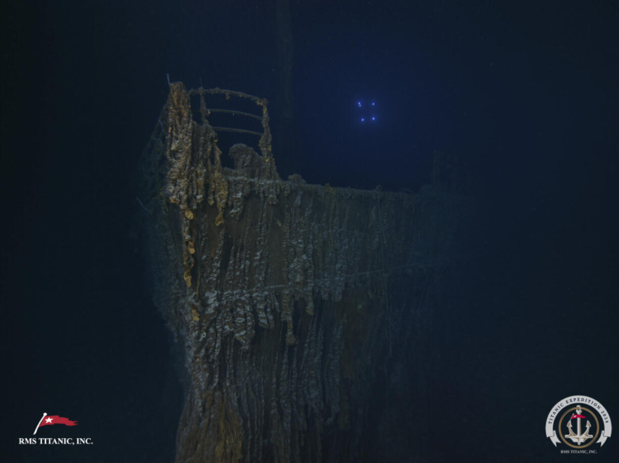 This image released on Monday, Sept. 2, 2024, shows the bow of the Titanic with a large section of the deck railing now missing photographed this summer by a company with salvage rights to the wreck site on its first expedition there in many years. (RMS Titanic Inc.