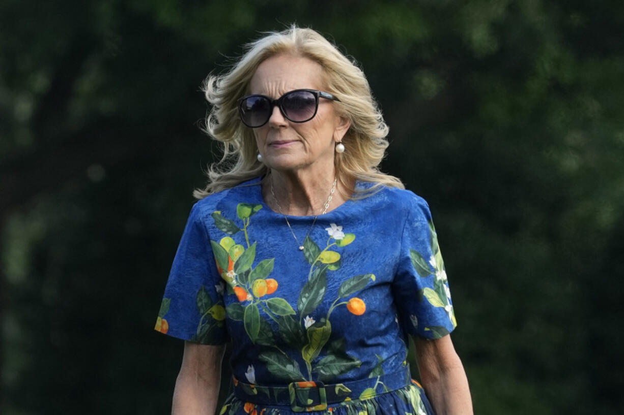 FILE - First lady Jill Biden walks on the South Lawn of the White House in Washington, July 7, 2024.