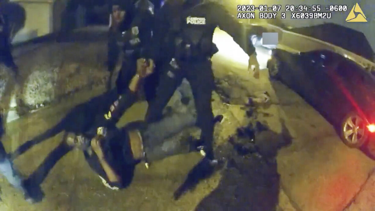 FILE - The image from video released on Jan. 27, 2023, by the City of Memphis, shows Tyre Nichols during a brutal attack by five Memphis police officers on Jan. 7, 2023, in Memphis, Tenn.