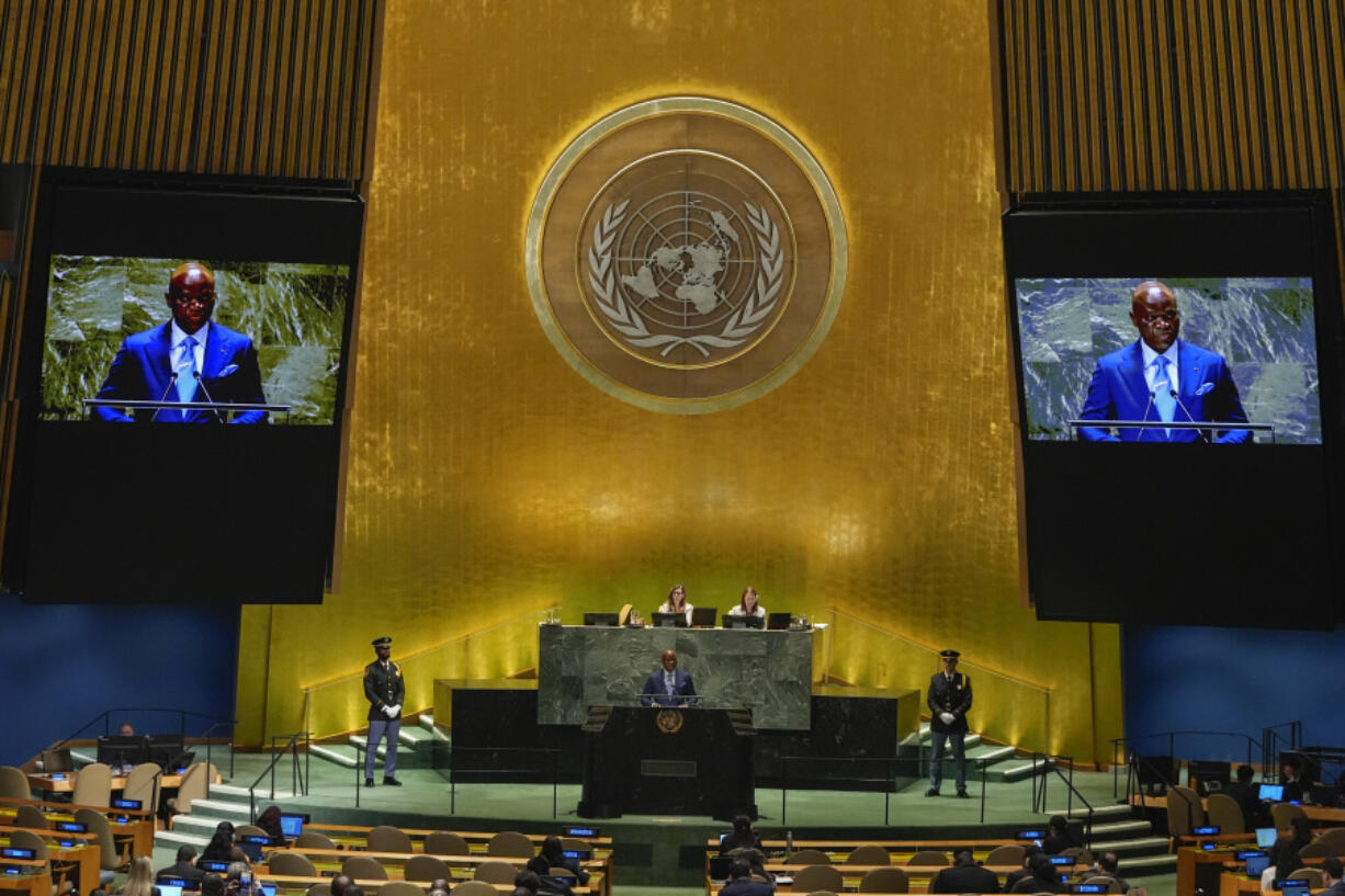 Transitional President of Gabon Brice Clotaire Oligui Nguema, addresses the 79th session of the United Nations General Assembly, Thursday, Sept. 26, 2024, at U.N. headquarters.