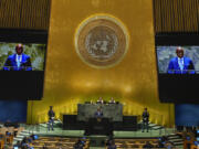 Transitional President of Gabon Brice Clotaire Oligui Nguema, addresses the 79th session of the United Nations General Assembly, Thursday, Sept. 26, 2024, at U.N. headquarters.