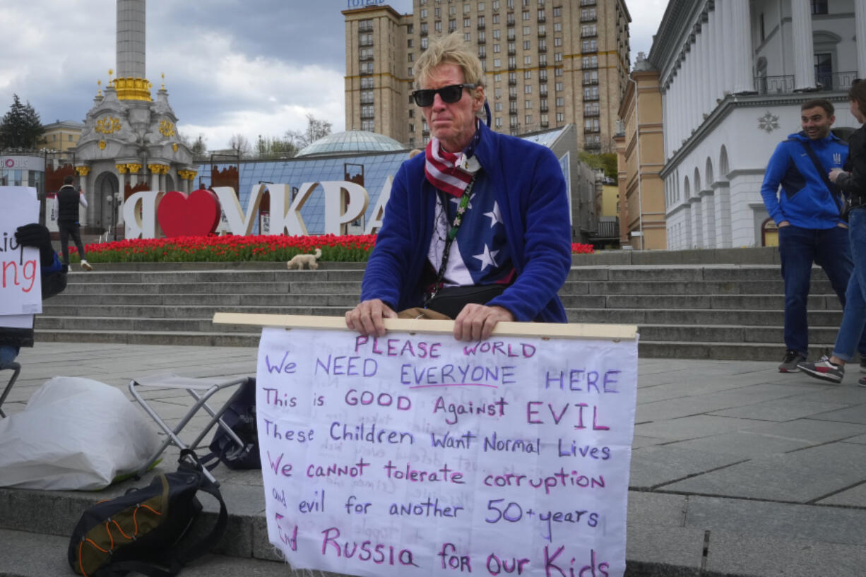 Ryan Wesley Routh takes part in a rally in central Kyiv, Ukraine, Saturday, April 30, 2022.