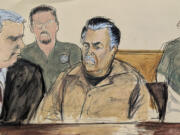 In this courtroom sketch, Ismael Zambada Garcia, El Mayo, center, is seated beside his defense attorney Frank Perez, left, in Federal court, in the Brooklyn borough of New York, Friday, Sept. 13, 2024.