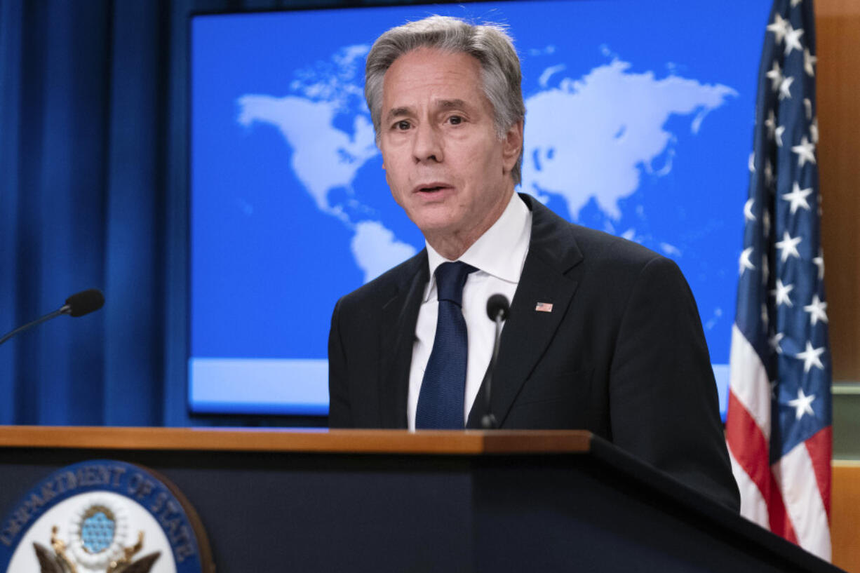 FILE - Secretary of State Antony Blinken speaks during a news conference about Russia&#039;s election interference at the Department of State in Washington, Sept. 13, 2024.