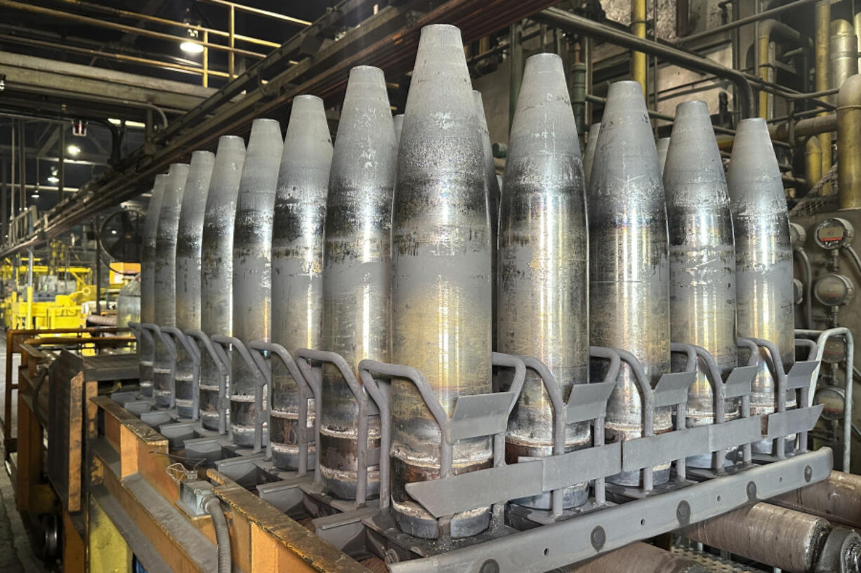 FILE - A key artillery shell in Ukraine&#039;s fight against Russia, the 155 mm howitzer shell, is in production at the Scranton Army Ammunition Plant in Scranton, Pa., on Tuesday, Aug. 27, 2024.