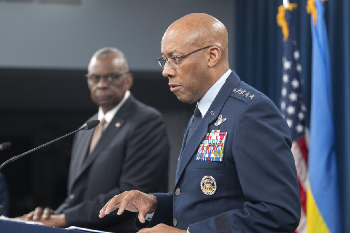 FILE - Chairman of the Joint Chiefs of Staff Gen. CQ Brown Jr., speaks during a press briefing with Defense Secretary Lloyd Austin, left, April 26, 2024 at the Pentagon in Washington.