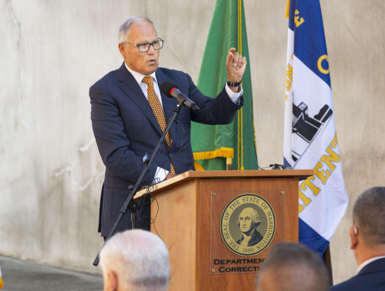 Gov. Jay Inslee addresses officials and media at a ceremony for the closure of the death chamber at the Washington State Penitentiary in Walla Walla, Wash., Wednesday, Sept. 18, 2024.