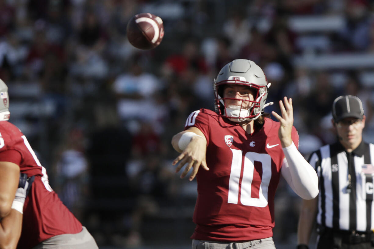 Washington State quarterback John Mateer throws a pass during the second half of an NCAA college football game against Northern Colorado, Sept. 16, 2023, in Pullman, Wash.