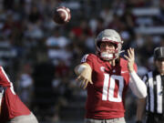 Washington State quarterback John Mateer throws a pass during the second half of an NCAA college football game against Northern Colorado, Sept. 16, 2023, in Pullman, Wash.