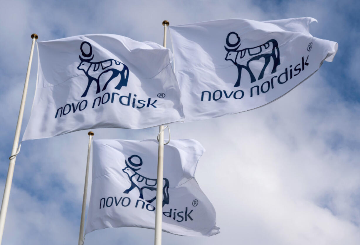 This undated photo provided by Novo Nordisk shows flags bearing the company's logo.