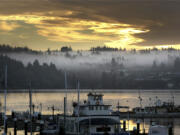 FILE - Low clouds hover in the trees in Port Orchard seen from the Bremerton Harborside Marina in Bremerton, Wash., on Dec. 22, 2014.