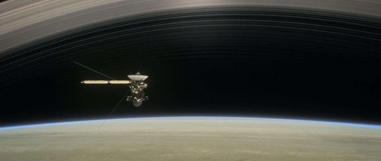 This April 2017 image from the short film &ldquo;Cassini&rsquo;s Grand Finale&rdquo; shows the space probe diving between Saturn and its innermost ring. Sunday night will offer the best Saturn viewing for Earth-bound observers this year.