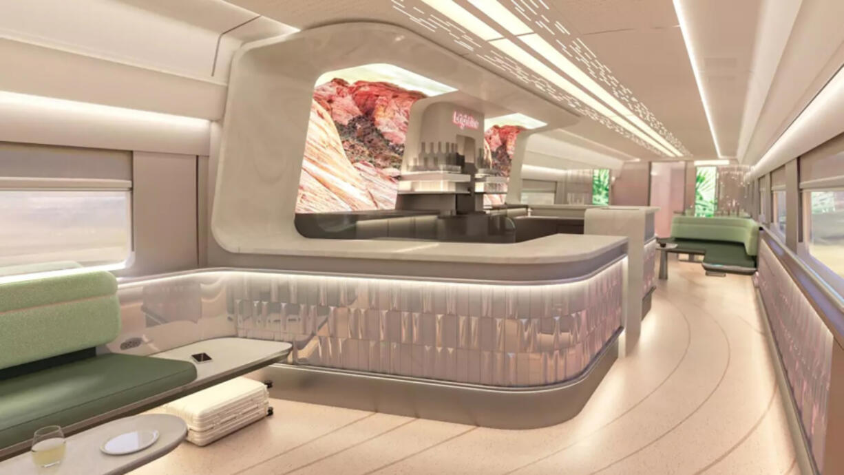 Brightline West, the rail company building a high-speed train route between Southern California and Las Vegas, released renderings of lounge cars to be built.