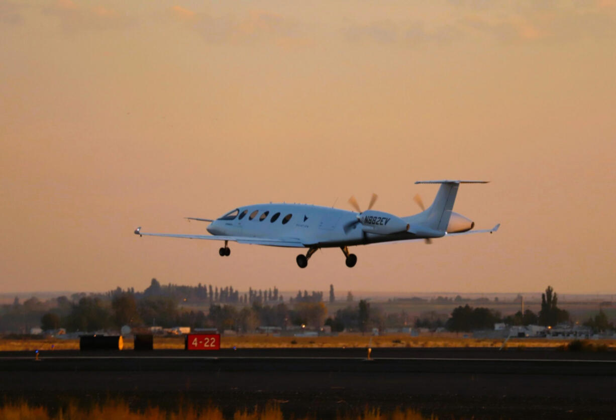 The all-electric Eviation Alice commuter plane takes off on its maiden flight from Grant County International Airport in Moses Lake in September 2022.