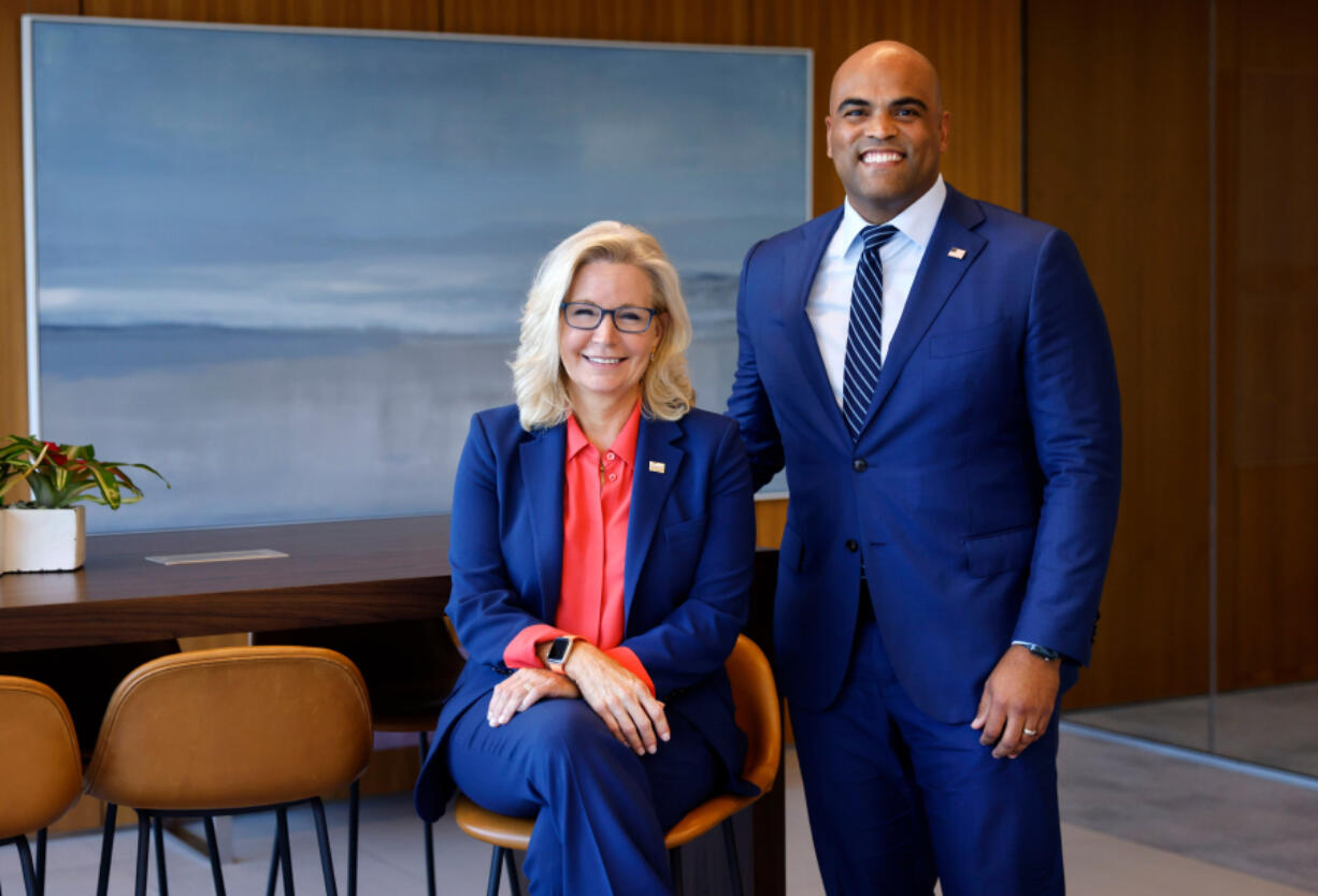 Former U.S. Rep. Liz Cheney, R-Wyoming, left, endorsed U.S. Rep. Colin Allred, D-Dallas, in his U.S. Senate race against incumbent Ted Cruz. They are photographed together in Dallas, Sept.