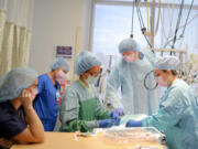 Dr. Deepika Nehra, third from left, and the trauma surgery team perform a feeding tube insertion procedure Oct. 1 in the surgical ICU at Harborview Medical Center in Seattle. Nehra and her team often work with gun shot wound patients.