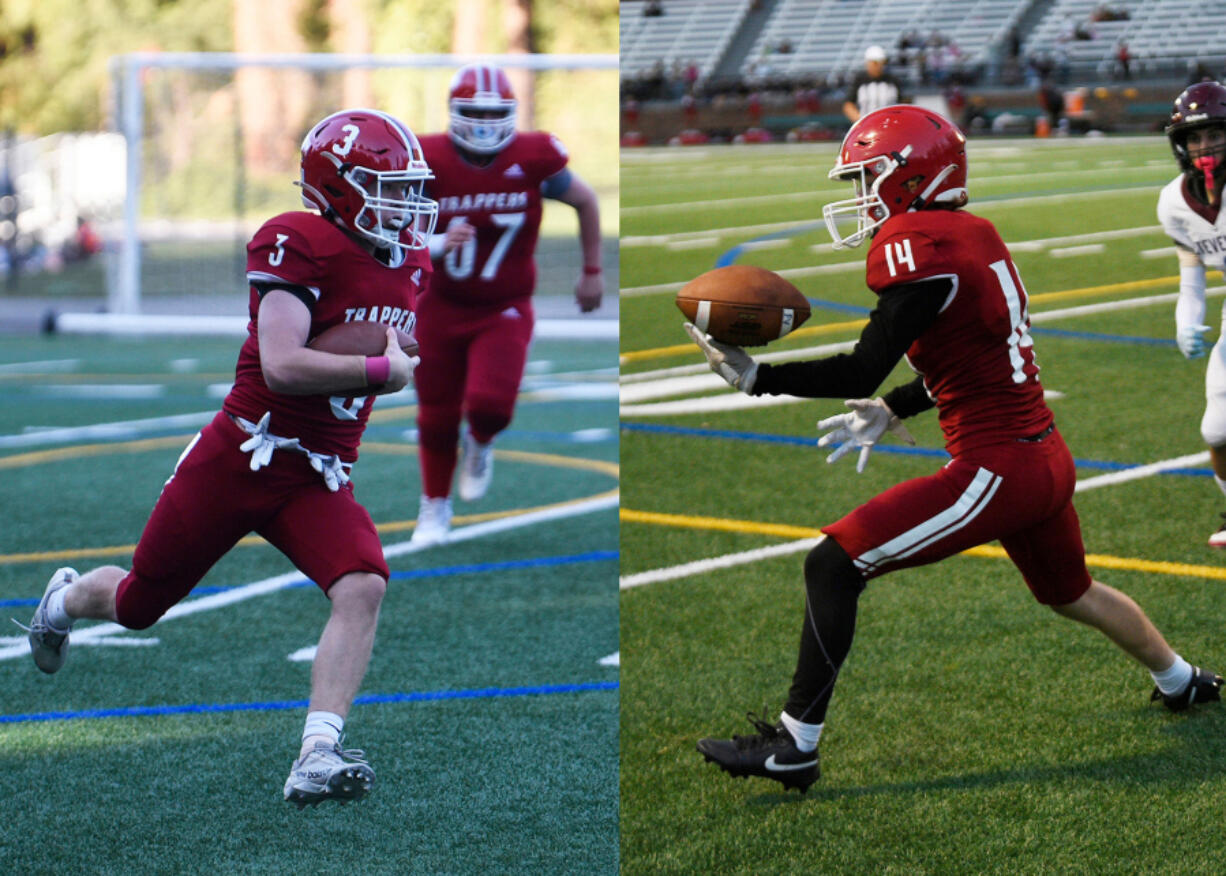 Twin brothers Caleb Hyde (3) and Ayden Hyde (14) moved back to Clark County last year from Lacey and quickly felt at home with the Fort Vancouver football team. The seniors have embraced playing for the Trappers.