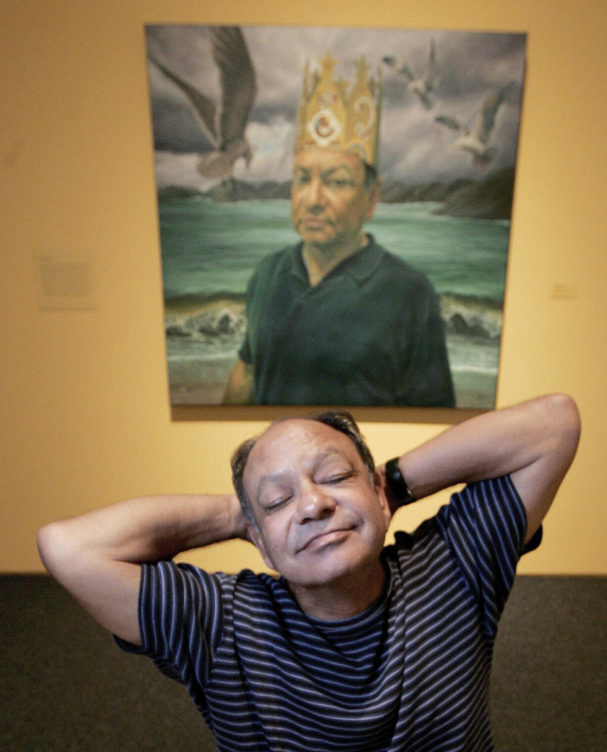 Cheech Marin poses in 2008 with a likeness of himself, &ldquo;It&rsquo;s A Brown World After All, 2006&rdquo; by Eloy Torrez.