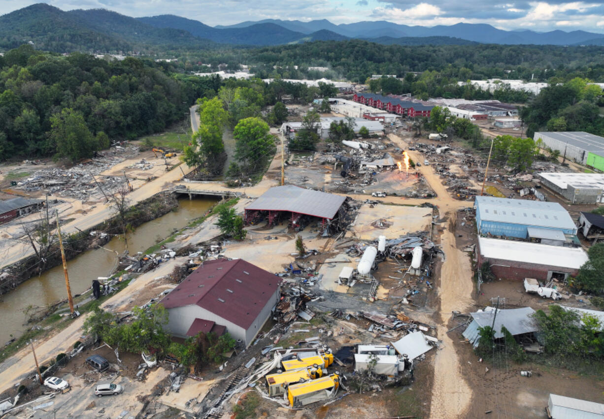 An aerial view of flood damage wrought by Hurricane Helene along the Swannanoa River on Oct. 3 in Asheville, N.C.