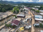 An aerial view of flood damage wrought by Hurricane Helene along the Swannanoa River on Oct. 3 in Asheville, N.C.