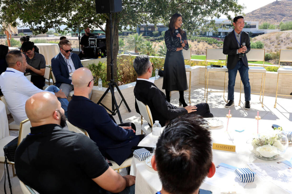 Tech entrepreneurs, CEOs and company founders listen to Raiders President Sandra Douglass Morgan and Las Vegas entrepreneur Teddy Liaw, founder of NexRep, during Vegas Tech Summit at a home in the Summit Club in Las Vegas on Oct. 3, 2024. The multi-day event highlights what the Las Vegas Valley has to offer. (K.M.