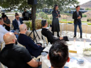 Tech entrepreneurs, CEOs and company founders listen to Raiders President Sandra Douglass Morgan and Las Vegas entrepreneur Teddy Liaw, founder of NexRep, during Vegas Tech Summit at a home in the Summit Club in Las Vegas on Oct. 3, 2024. The multi-day event highlights what the Las Vegas Valley has to offer. (K.M.