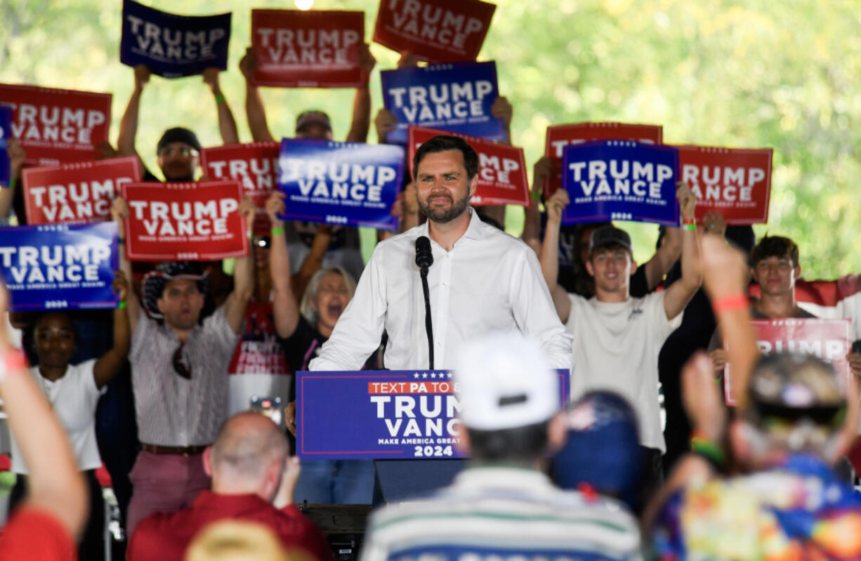 Republican vice presidential nominee, U.S. Sen. J.D. Vance (R-OH), speaks to a crowd during a rally at the Berks County Fairgrounds on Saturday, Sept. 21, 2024, in Leesport, Pennsylvania.