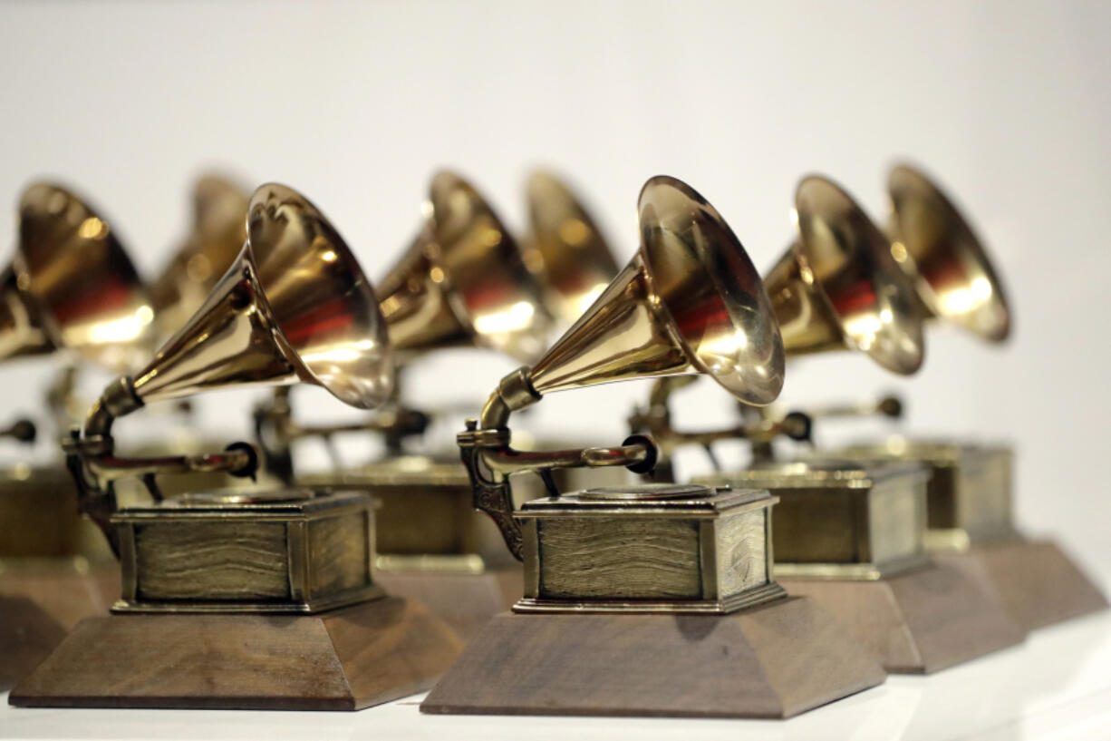 Various Grammy Awards are displayed Oct. 10, 2017, at the Grammy Museum Experience at Prudential Center in Newark, N.J.