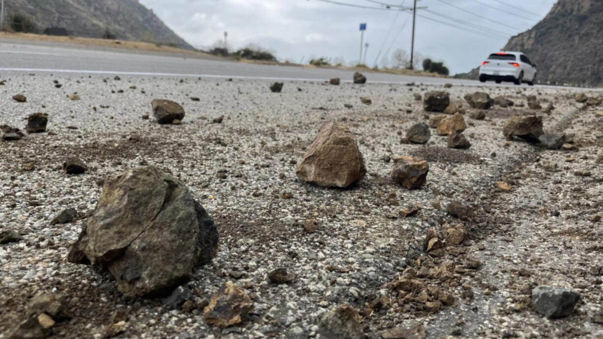 Grapefruit-sized rocks are strewn across the shoulder of Kanan Dume Road in Malibu, Calif., on Sept. 12 following a magnitude-4.7 earthquake centered in the area.