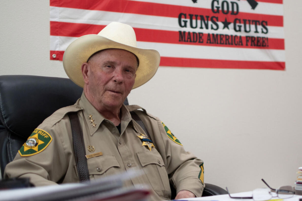 Klickitat County Sheriff Bob Songer talks in his office in Goldendale, Wash., on July 5, 2023. Songer is an advisory board member of the Constitutional Sheriffs and Peace Officers Association.