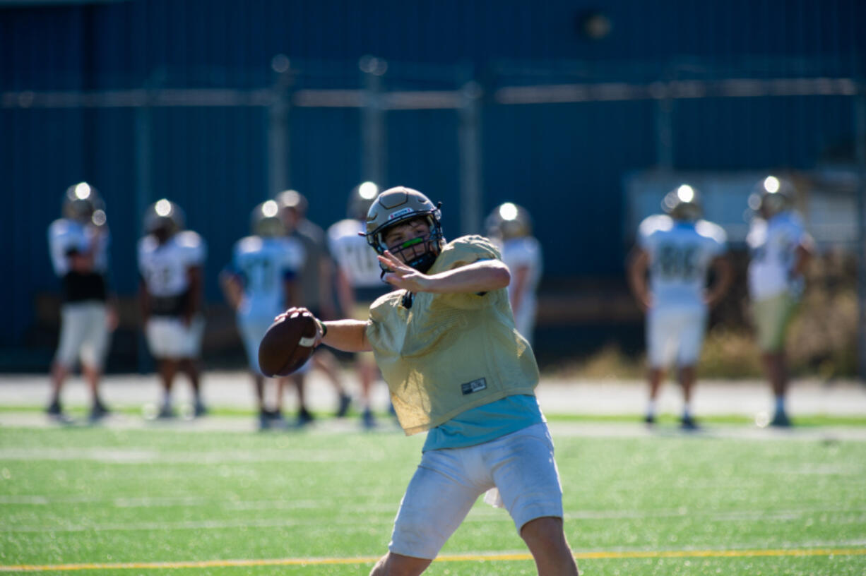 Kelso High School Football quarterback Tucker Amrine during practice at Schroeder Field, Kelso High School.