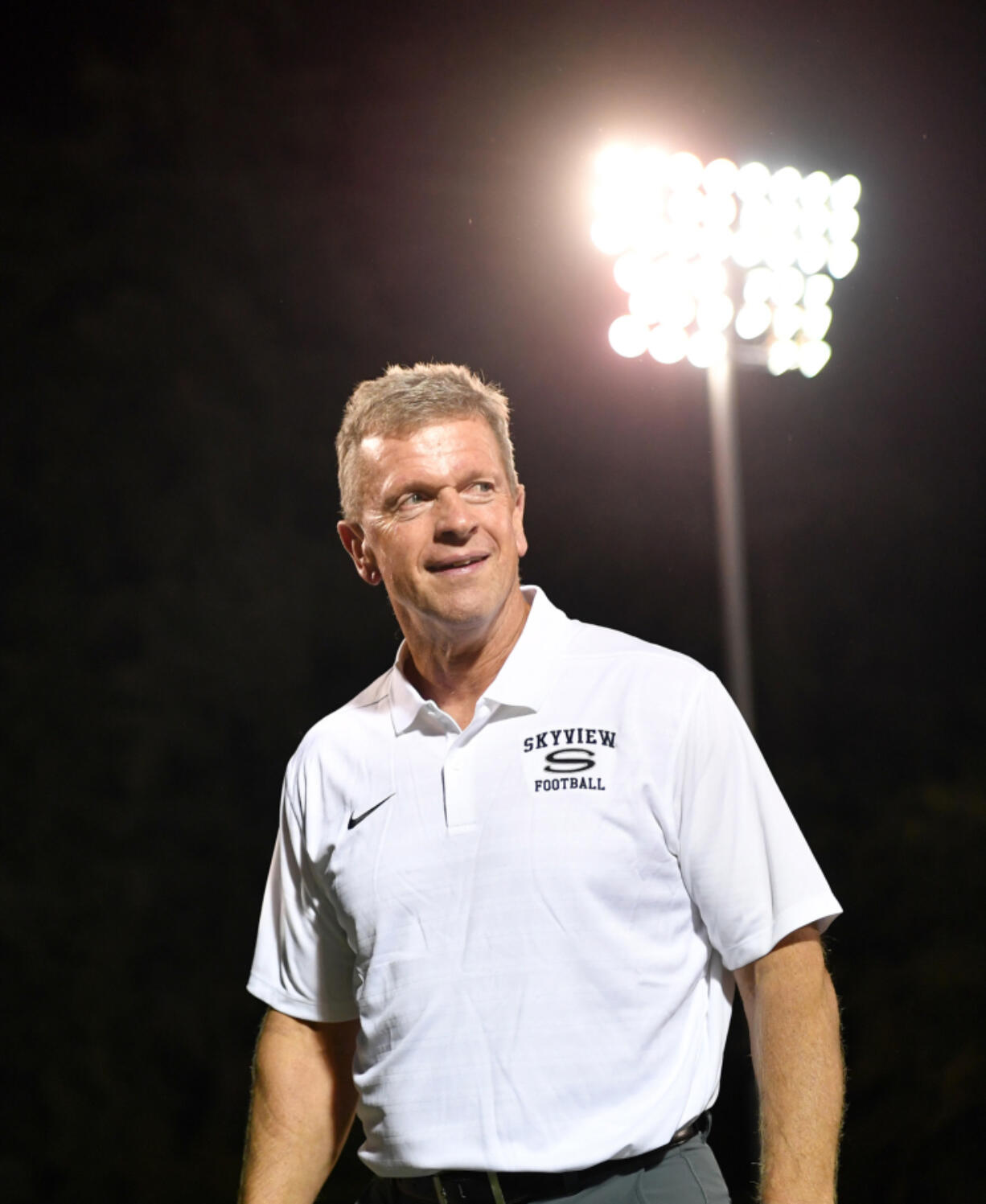 Skyview head football coach Steve Kizer walks around on Sept. 13, 2024, after Skyview&Ccedil;&fnof;&Ugrave;s win against Graham-Kapowsin at Kiggins Bowl.