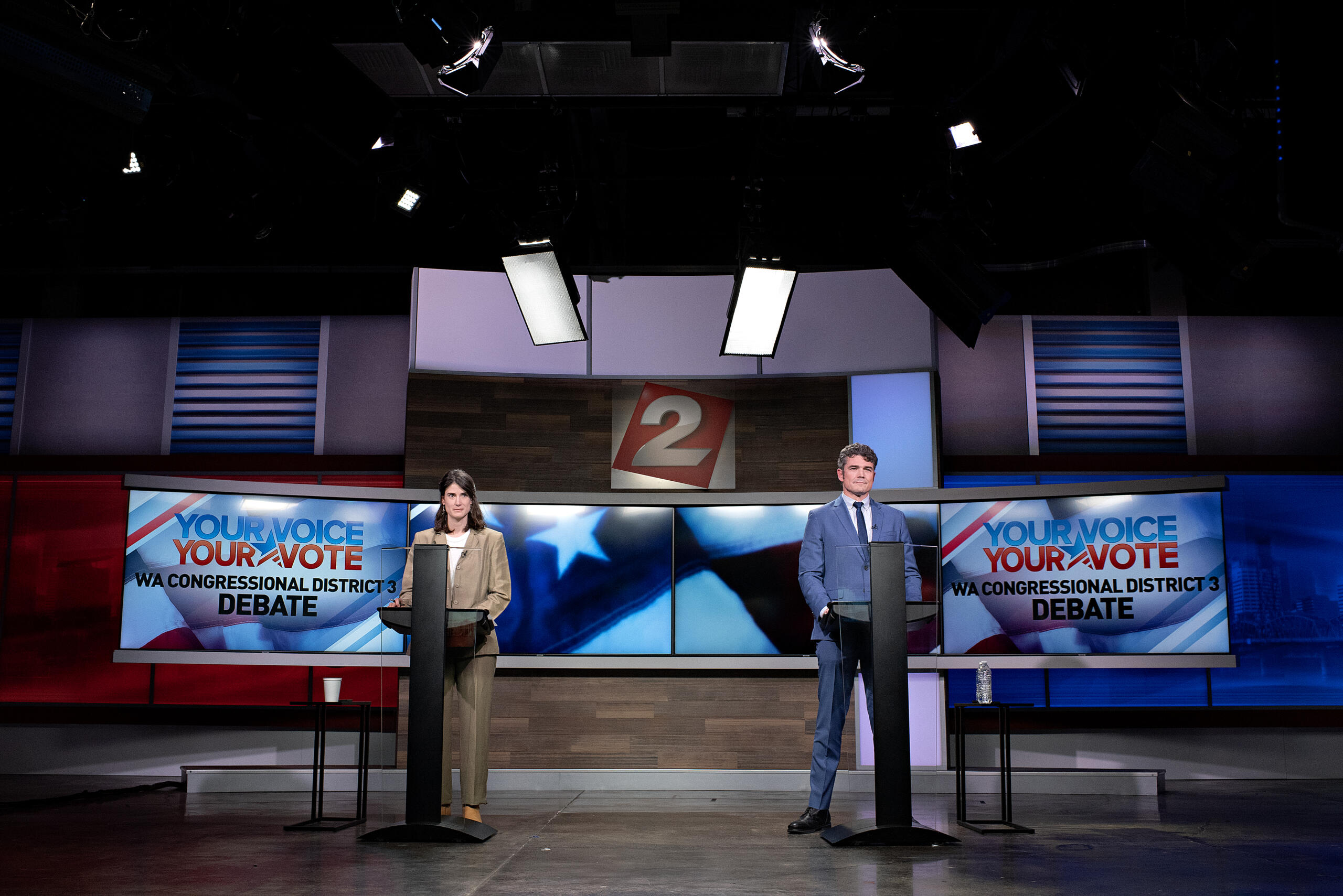 U.S. Rep. Marie Gluesenkamp Perez, left, debates the issues with challenger Joe Kent at KATU studios in Portland on Monday night, Oct. 7, 2024.