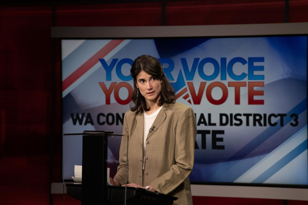 U.S. Rep. Marie Gluesenkamp Perez debates the issues with challenger Joe Kent at KATU studios in Portland on Monday night, Oct. 7, 2024.