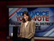 U.S. Rep. Marie Gluesenkamp Perez debates the issues with challenger Joe Kent at KATU studios in Portland on Monday night, Oct. 7, 2024.