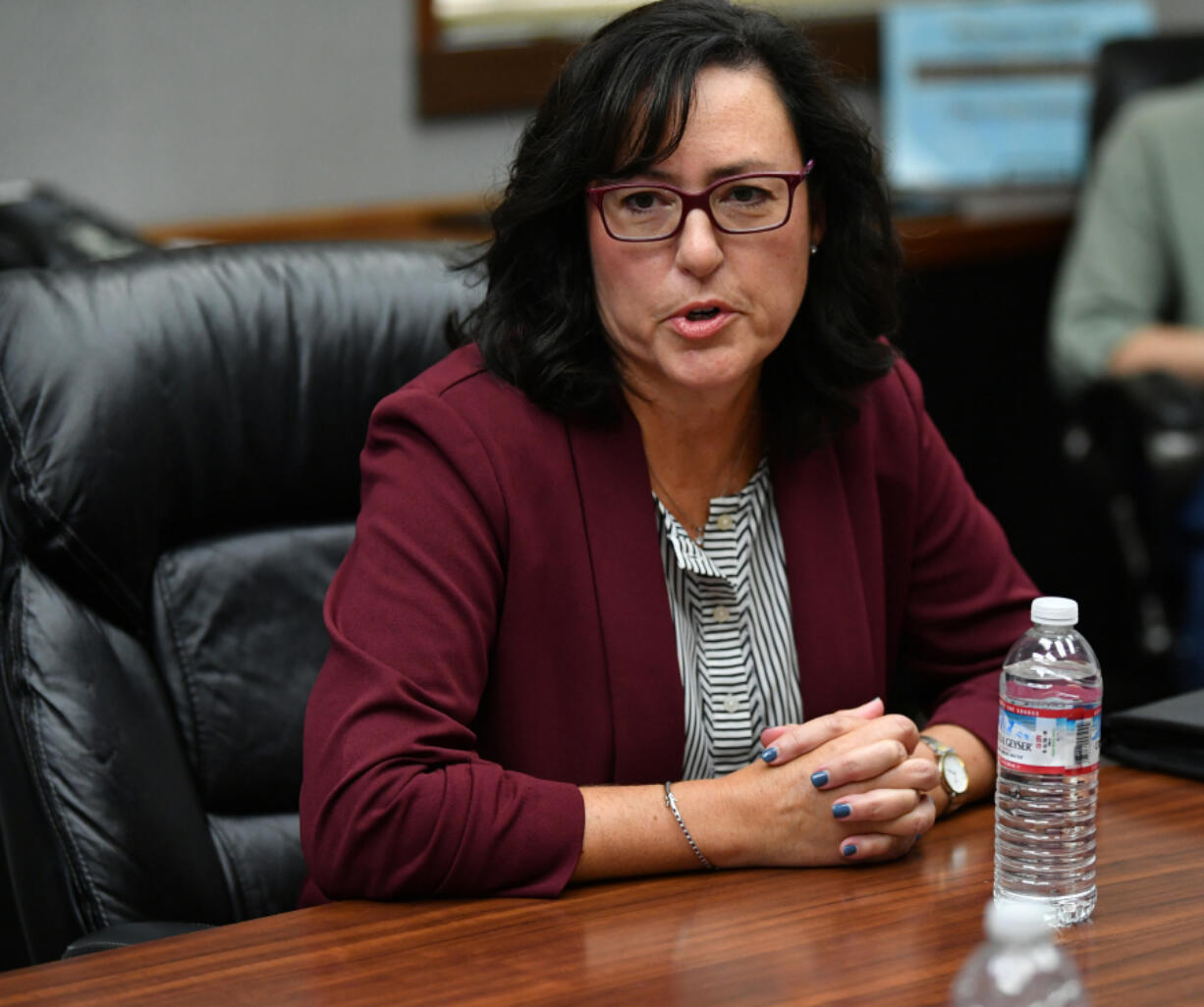 Republican incumbent Rep. Stephanie McClintock introduces herself Tuesday during a meeting with The Columbian&rsquo;s editorial board. Rep. McClintock faces Democratic challenger in Deken Letinich for the 18th Legislative District House Position 1 seat.