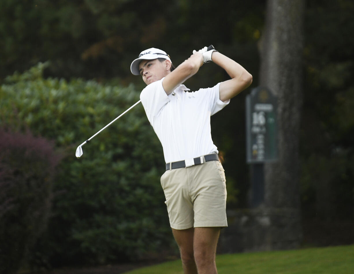 Jacob Parker of Seton Catholic hits off the No. 16 tee at Royal Oaks Country Club during the Clark County Cup high school golf tournament on Monday, Oct. 7, 2024.