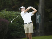 Jacob Parker of Seton Catholic hits off the No. 16 tee at Royal Oaks Country Club during the Clark County Cup high school golf tournament on Monday, Oct. 7, 2024.