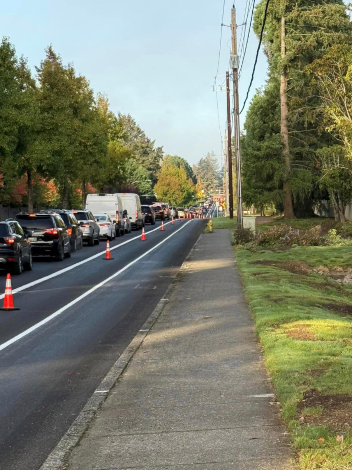 Traffic backs up onto Southeast 34th Street in Vancouver after a crash on state Highway 14 and the loss of a left-turn lane.