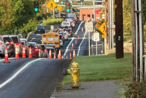 Traffic backs up onto Southeast 34th Street in Vancouver after a crash on state Highway 14 and the loss of a left-turn lane.