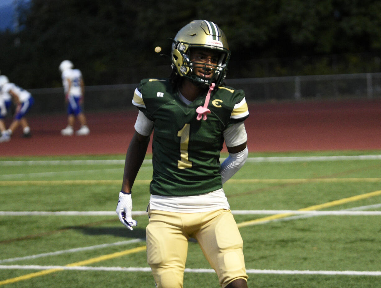 Terrance Saryon of Evergreen celebrates after scoring a touchdown against Shelton in a 3A Greater St. Helens League football game at McKenzie Stadium on Thursday, Oct. 10, 2024.