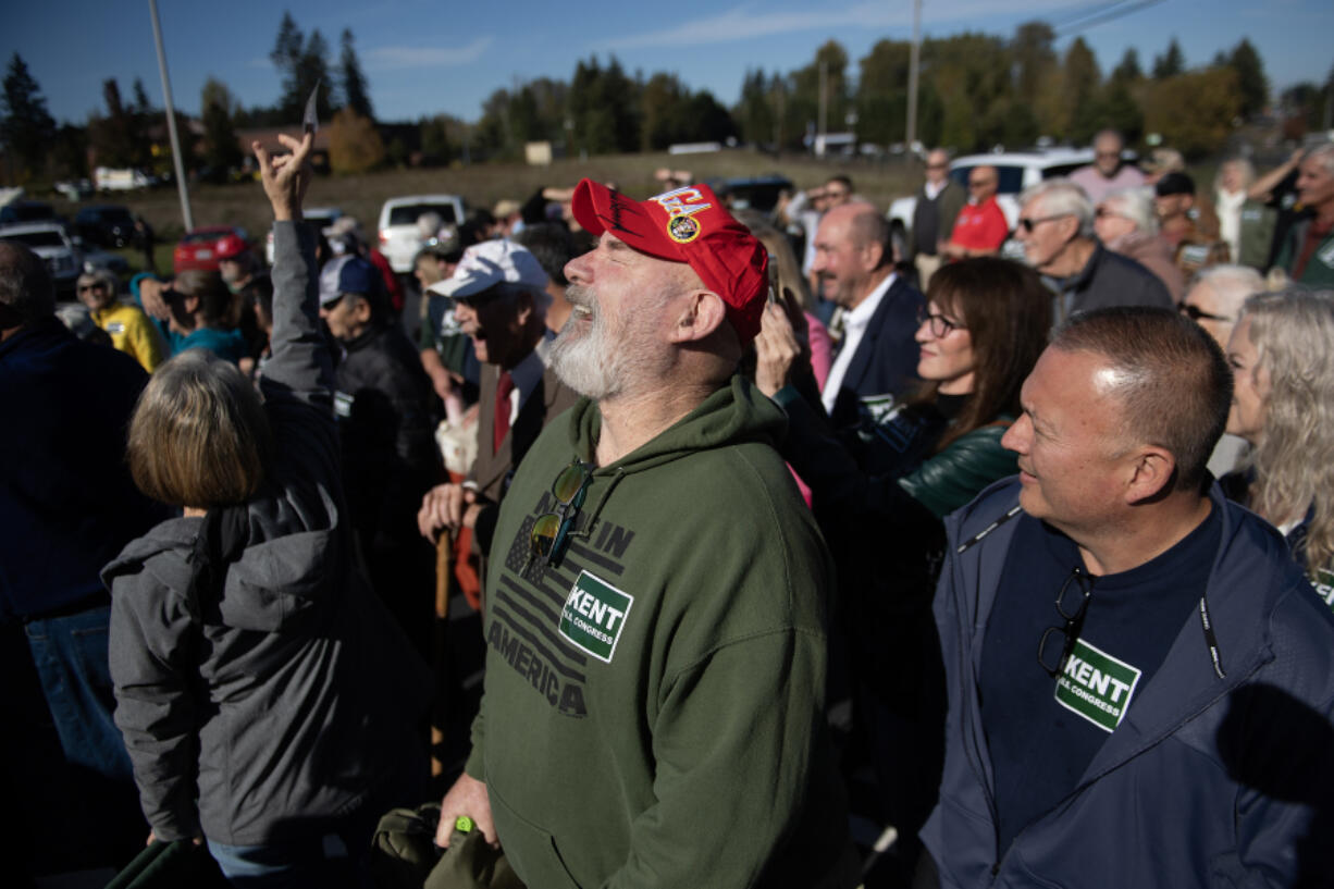 A crowd gets excited to see Congressional candidate Joe Kent and Speaker of the House Mike Johnson at a building dubbed the Republican Victory Office in Ridgefield on Thursday afternoon.