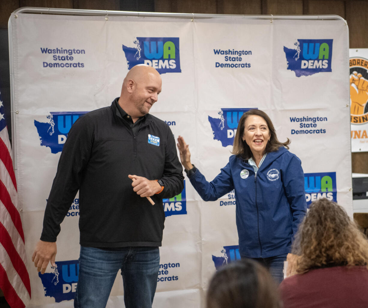 Deken Letinich, a candidate for an 18th Legislative District seat, left, introduces U.S. Sen. Maria Cantwell, D-Wash., at a Washington State Democratic Party Get Out The Vote rally Thursday at the Laborers Local 335 hall in Vancouver.