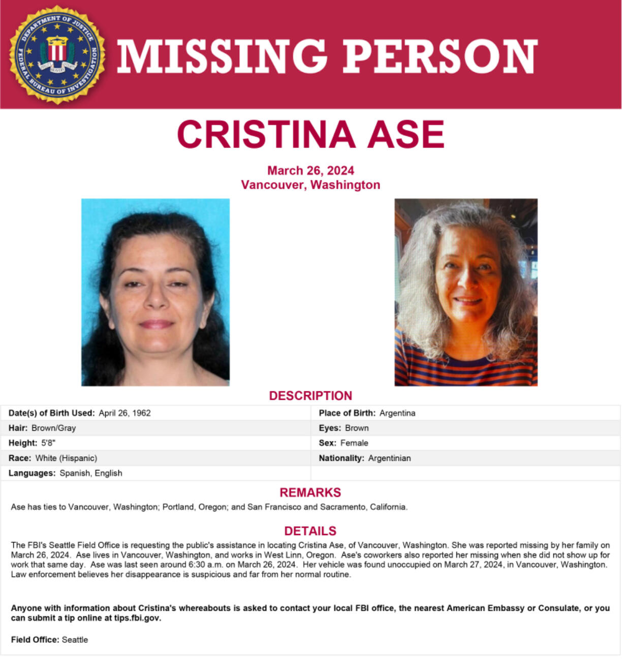 The FBI is seeking information about the disappearance of Cristina Ase.