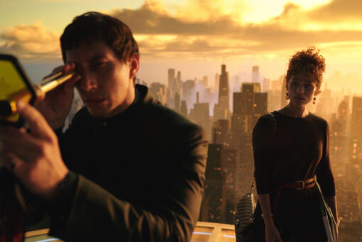 Adam Driver, left, and Nathalie Emmanuel in a scene from &ldquo;Megalopolis.&rdquo; (Lionsgate/TNS)