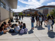 Students socialize during lunch at Sutter Middle School in Folsom on Thursday. The school has banned cell phones during school hours, including lunch, since 2022.