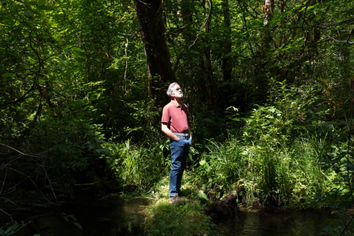 John Christensen on his property in Corbett, Ore., near the Columbia River on July 17. The Christensen&rsquo;s forestland is engaged in a carbon project with Forest Carbon Works.